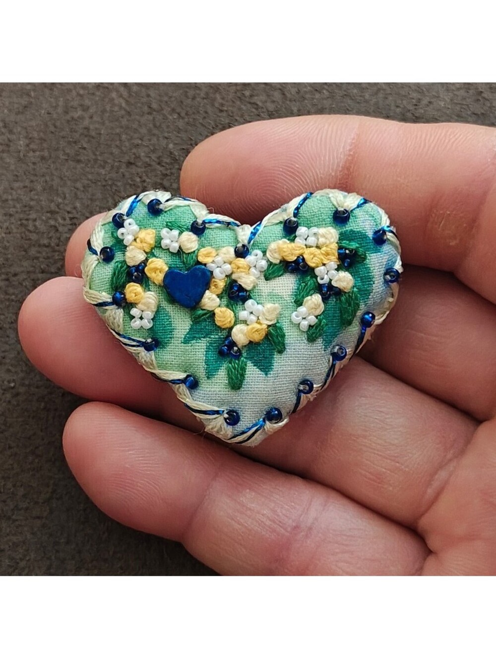 Hand-Embroidered Cottagecore Floral Heart Brooch Pin.